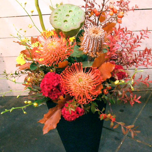 和風のお店の開店祝いに 秋満載アレンジ 紅葉 ギャラリー 銀座 阿佐ヶ谷の花屋 Avail アヴェール